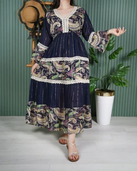 پیراهن زنانه هندی خامه دوزی U7614 (سرمه ای)