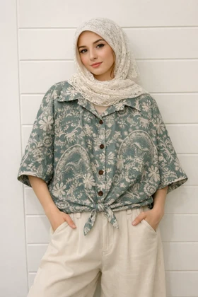 خرید شومیز گره‌ای طرح دار بته جقه کد10012 گالری روژانو