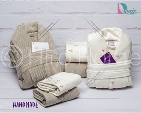 حوله ست دو نفره HANDMADE رنگ شیری و صدری