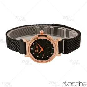 ساعت دیور زنانه قاب رزگلد بند حصیری مشکی 104461