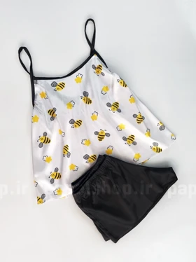 ست لباس خواب تاپ و شورتک ساتن طرح زنبور