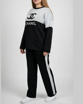 ست بافت زنانه بلوز شلوار دو رنگ طرح چنل chanel آستین بلند شلوار بغل خط کد 1933 (سیاه)