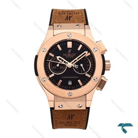 ساعت هابلوت زنانه سه موتوره رزگلد بند چرم قهوه ای صفحه مشکی Hublot-6416-L