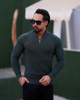 بافت نیم‌زیپ مردانه یقه‌ایستاده Slim Fit