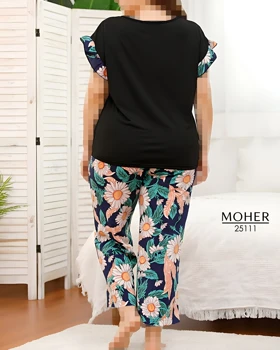 ست لباس راحتی زنانه سایز بزرگ طرح گل‌های تابستانی