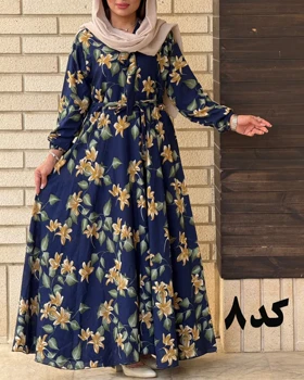 پیراهن نخی کلوش طرح دار 7169