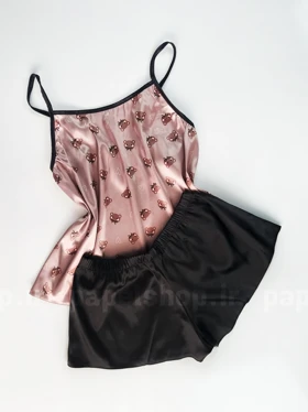 ست لباس خواب تاپ و شورتک ساتن طرح خرس پاپیون دار