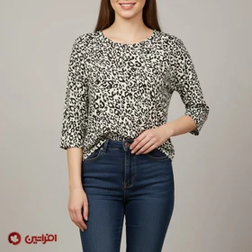 بلوز زنانه آستین سهربع مدل آنا پلنگی بژ کد 7510
