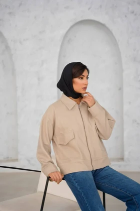 بامبر ژاکت زنانه سبک جنس فوتر دو تن جیب‌دار قد 55