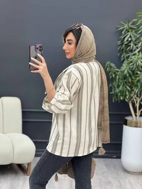 مانتو راه راه دکمه چوبی دو جیب