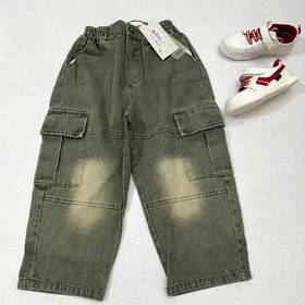 شلوار کارگو جین بچه گانه سنگشورشده 6 جیب اورجینال