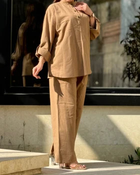 ست بلوز شلوار لینن عسل 2043 (قهوه ای)