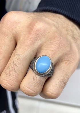 انگشتر نقره مردانه فیروزه با رکاب سیاه قلم