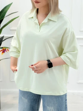 تیشرت یقه‌دار زنانه تک‌رنگ مژگان - سبز
