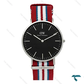 ساعت مچی مردانه DW رزگلد صفحه مشکی بند برزنتی قرمز آبی سفید DW-7235-G
