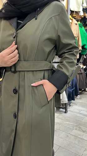 بارانی بلند زنانه مدل دو رنگ جنس سانتانا گرم بالا