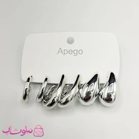 پک گوشواره پینترستی نقره ای براق مدل حلقه‌ای و اشکی (سه جفت) کد 140