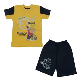 ست تیشرت آستین کوتاه و شلوارک پسرانه مدل خرس PJ1144 رنگ زرد