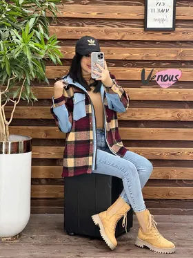 پالتو چهارخونه ترکیبی جین