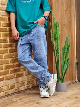 شلوار جین نیم بگ آبی پارچه ترک