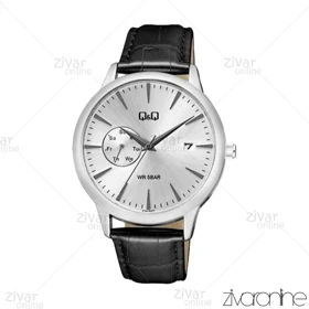 ساعت کیو اند کیو (Q&amp;Q) مردانه صفحه نقره ای بند چرمی مشکی 105533