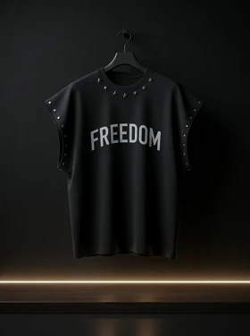 وست مشکی FREEDOM با پرچ فلزی سرشانه و دور سینه خفن | پنبه دو نخ کد 8447
