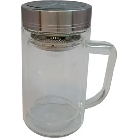 لیوان دمنوش دو جداره پیرکس با درب استیل 400 میلی لیتر