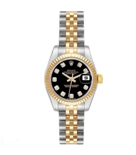 ساعت رولکس دیت جاست زنانه دورنگ طلایی صفحه مشکی ایندکس نگین Rolex Datejust