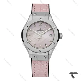 ساعت هابلوت مینی زنانه استیل بند چرم طرح دار صورتی Hublot-10635-L
