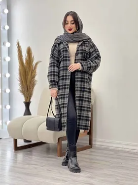 پالتو بلند چهارخونه سر جیب دکمه