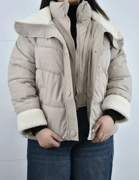 کاپشن سه دکمه دخترانه یقه تدی (کرمی)