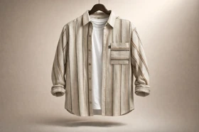 پیراهن پشمی مردانه راه راه بژ با خطوط قهوه‌ای و خاکستری_اورجینال دیلم