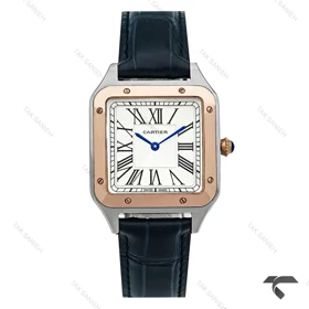 ساعت کارتیر سانتوس دومونت زنانه دورنگ رزگلد بند سرمه ای متوسط Cartier-10612-G