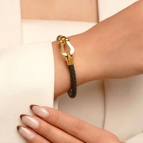 دستبند بافت استیل FRED سگک طلایی رنگ مشکی طول دستبند: 21 سانت