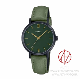 ساعت مچی زنانه کاسیو (Casio) مدل LTP-VT02BL-3AUDF (مینیمال، قاب مشکی، بند و صفحه سبز با جزئیات طلایی)