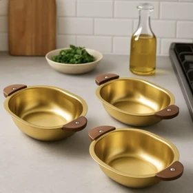 تابه استیل طلایی دسته چوبی در سه سایز