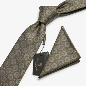 کراوات و پوشت دستدوز طرح گل گرد برند Massimo Dutti (زیتونی)