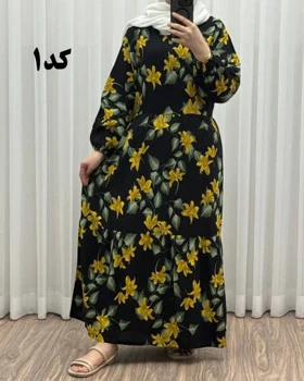 پیراهن نخی گل‌دار رنگبندی A7452 (مشکی گل زرد)