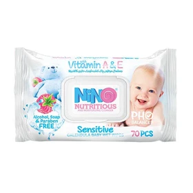 دستمال مرطوب کودک نینو حاوی کالاندولا مدل میوه‌ای درب‌دار مناسب پوست حساس بسته 70 برگی