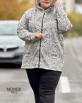 هودی زنانه سایز بزرگ کرکدار طرح پوست ماری طوسی