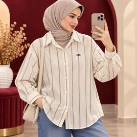 شومیز راه راه وارداتی دنیز کد 6064 (کرم روشن)