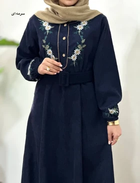 پیراهن مانتویی گلدوزی بابونه همراه با کمربند