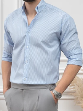 پیراهن آبی راه راه ریز کد sh229