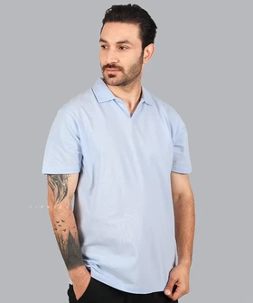 تیشرت یقه شکاری مردانه آبی روشن 0561