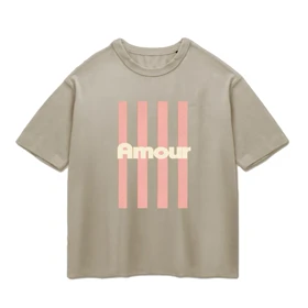 تیشرت باکسی پپا طرح Amour رنگ خاکی