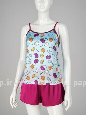ست لباس خواب تاپ و شورتک ساتن طرح گربه رنگارنگ