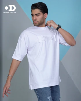 تیشرت مچینست باکسی سفید چاپ کاتری مردانه