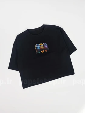 تیشرت کراپ یقه گرد مشکی طرح دار