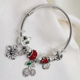 دستبند بنگل استیل طرح «پاندورا تابستانی» | با آویز هندوانه و گیلاس (قرمز)
