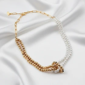 گردنبند ژوپینگ دو ردیفه مروارید و گوی طلایی